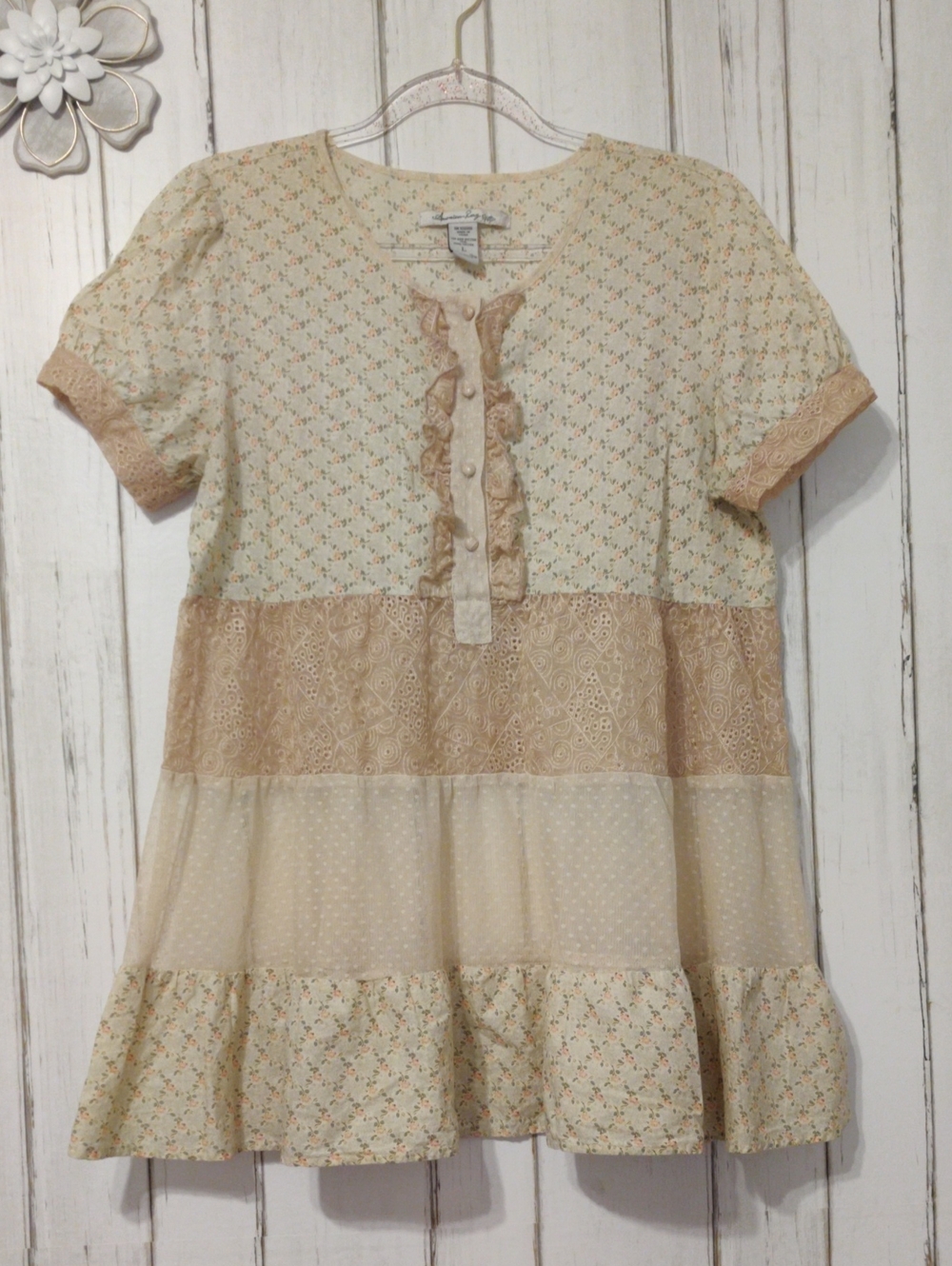 American Rag Cream & Beige Tiered Floral Peasant Dress